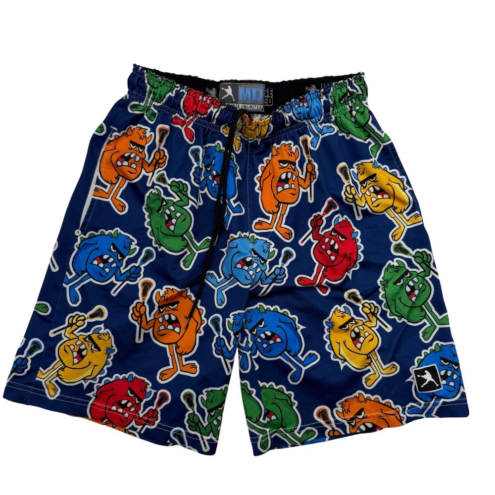 Lacrosse Unlimited MD Shorts Mens M Blue Monster All Over Print Mesh Athletic